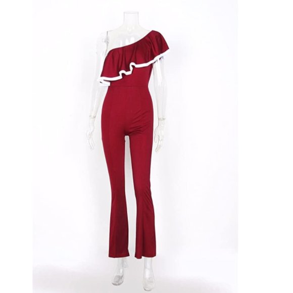 NWT One Shoulder Ruffle Bell Bottom 70s Jumpsuit. - Picture 6 of 7